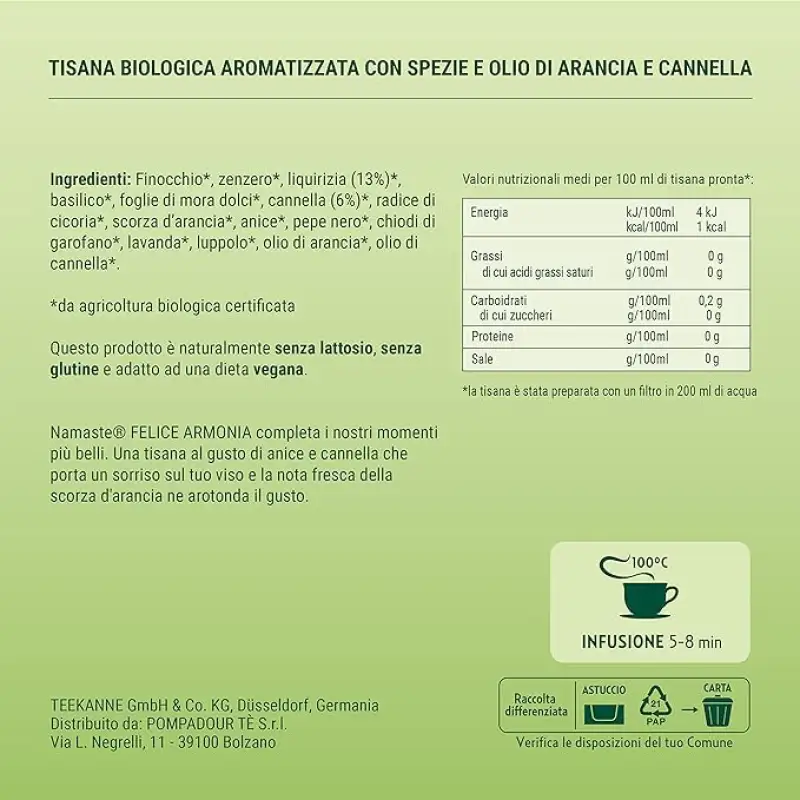 Namaste Pompadour Ceai Organic Ayurvedic Bio Felice Armonia 15 x 2 g Bax 6 buc.